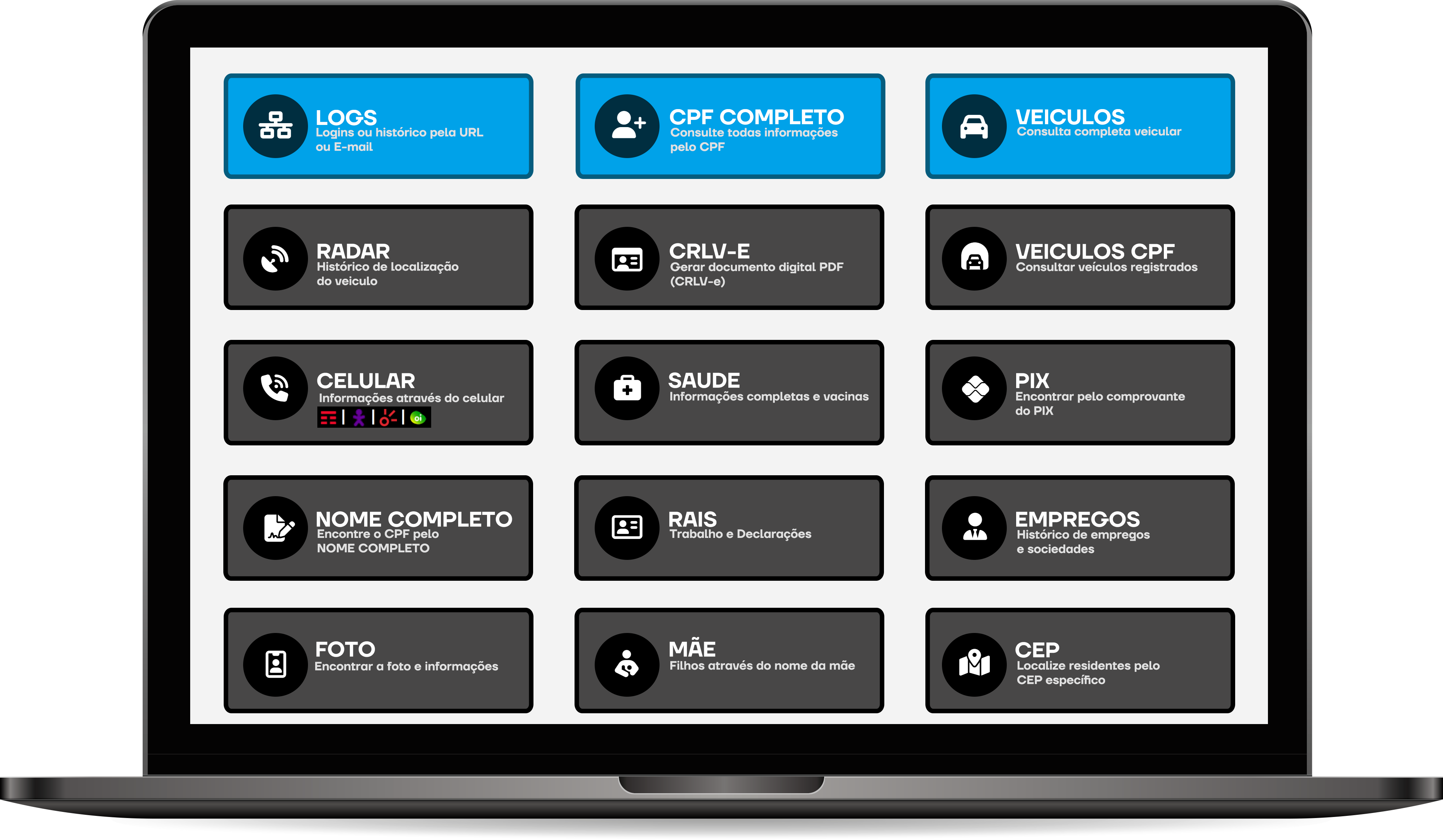 Busca e consulta de dados em computador com lupa e resultados